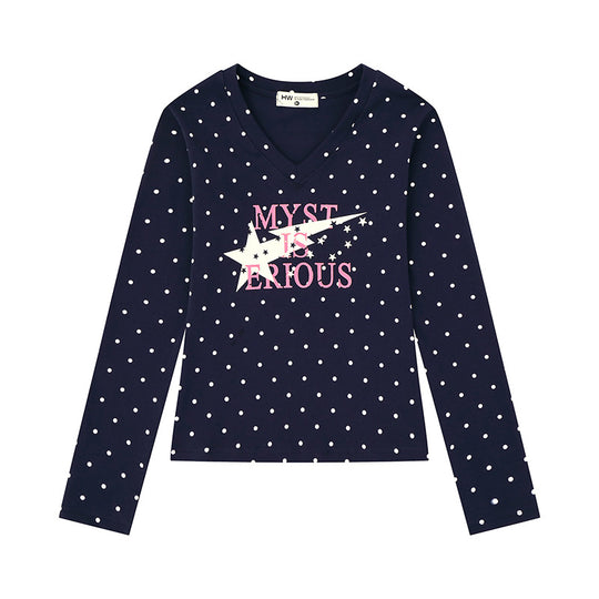 Damen Langarmshirt mit V-Ausschnitt, Polka-Dots und Statement-Print aus Baumwolljersey Nord Taschen