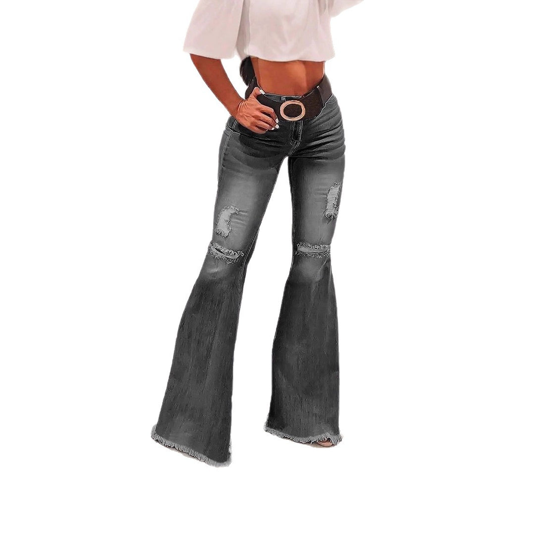 Damen Hochtaillierte Flared-Jeans mit Knie-Rissen, Fransen-Saum und ausgestelltem Bein Nord Taschen