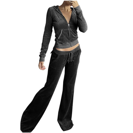 Damen Samtvelours Cropped-Zipjacke mit Kängurutasche und hochgeschnittener Bündchenhose Nord Taschen