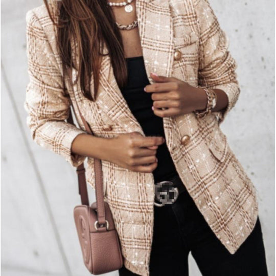 Damen Tweed-Blazer im Glencheck mit doppelreihiger Knopfleiste Nord Taschen