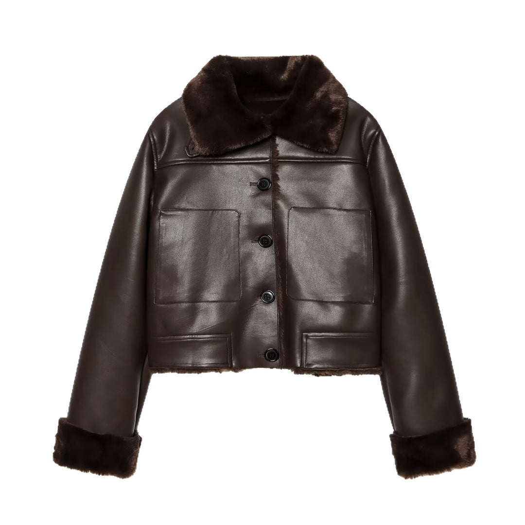 Damen Kurzjacke aus Lederoptik mit Teddy-Futter, aufgesetzten Taschen und Umlegekragen Nord Taschen