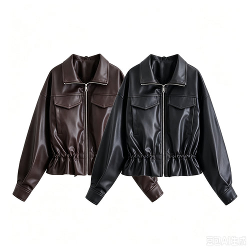 Damen Kurzjacke aus veganem Leder mit Tunnelzug und aufgesetzten Brusttaschen Nord Taschen