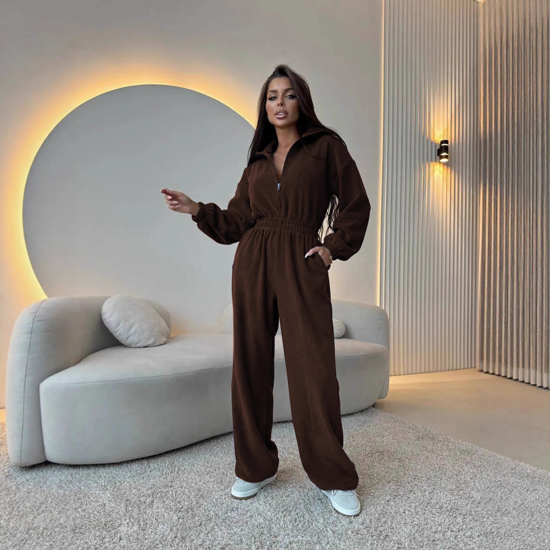 Damen eleganter Lounge-Overall mit elastischer Taillenpartie, Stehkragen, Reißverschluss und weitem Bein Nord Taschen