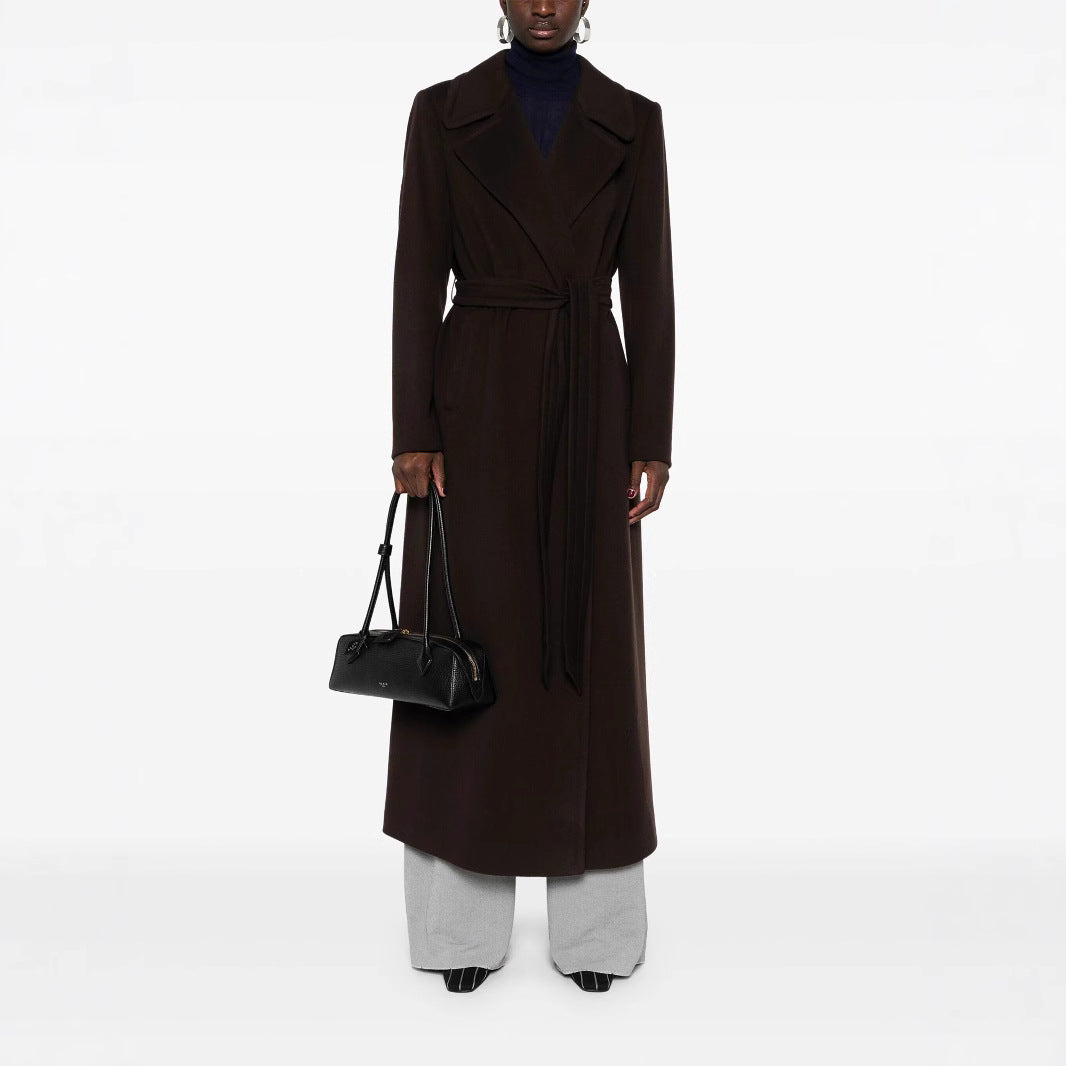 Damen Langer Wickelcoat aus Wollmix mit Bindegürtel und breitem Revers Nord Taschen