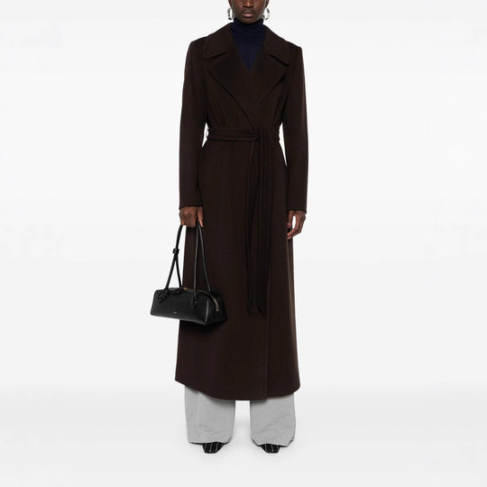 Damen Langer Wickelcoat aus Wollmix mit Bindegürtel und breitem Revers Nord Taschen