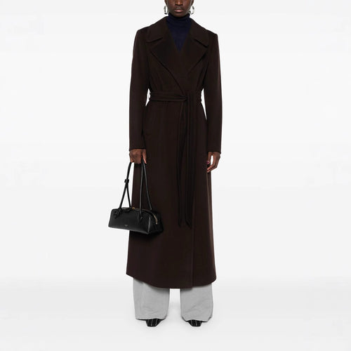 Damen Langer Wickelcoat aus Wollmix mit Bindegürtel und breitem Revers Nord Taschen
