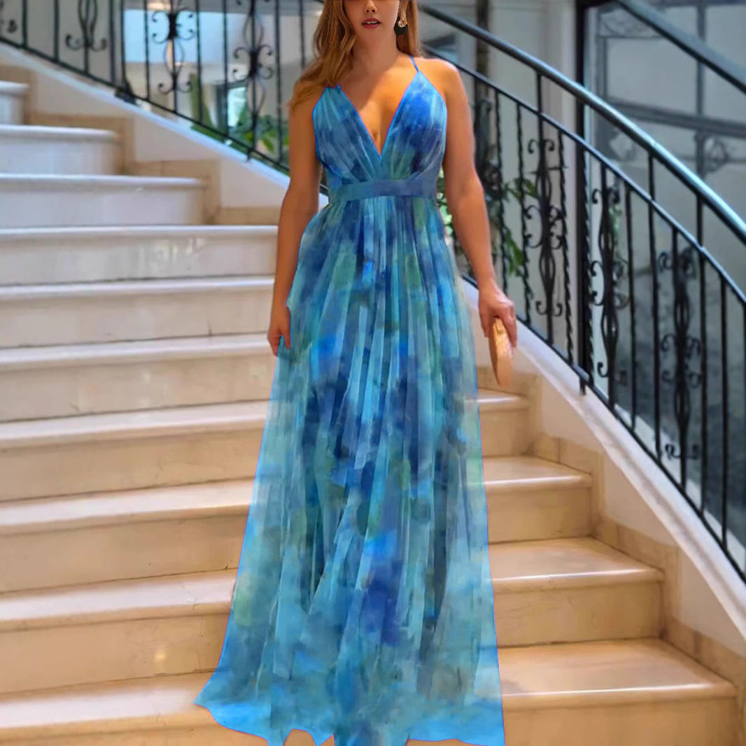 Damen Elegantes Maxikleid mit tiefem V-Ausschnitt und luftigen Stoffschichten