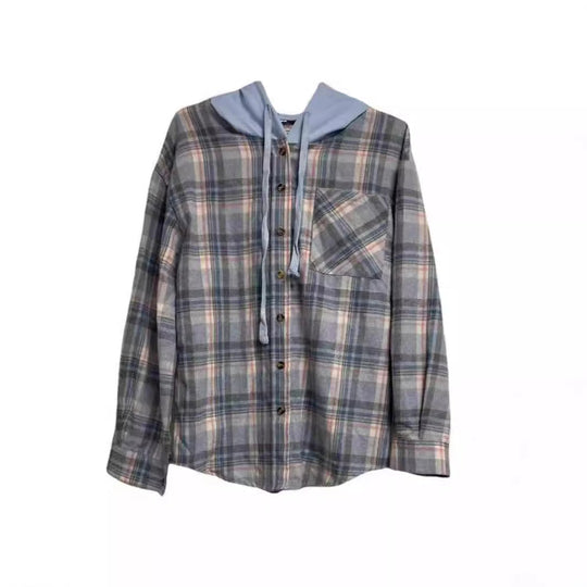 Damen nostalgische Karobluse mit Kapuze und Knopfverschluss