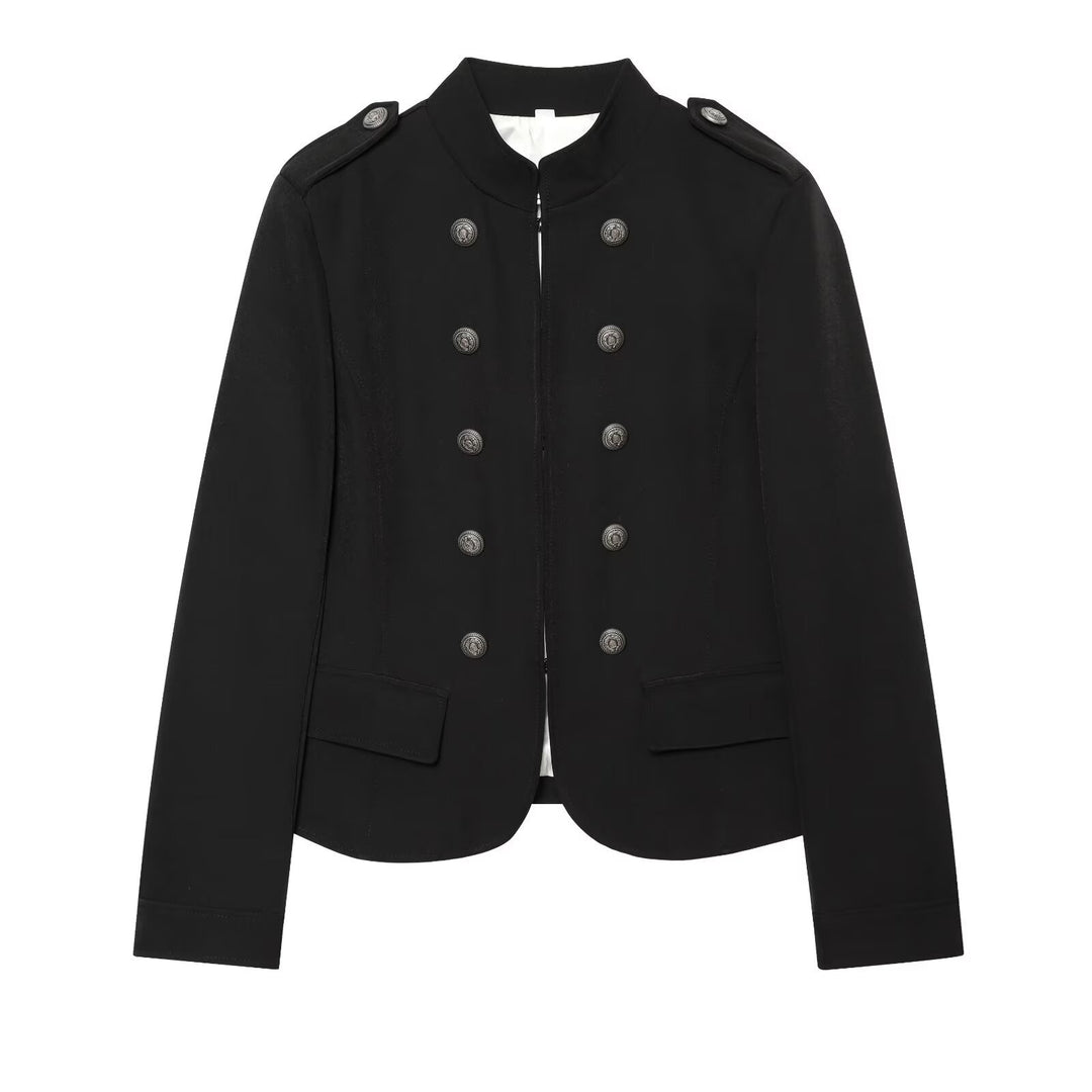 Damen Militärisch inspirierte Doppelreihige Kurzjacke mit Stehkragen und Epauletten Nord Taschen