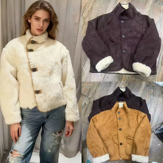 Damen Kurze Schaffelloptik-Jacke mit Stehkragen und großen aufgesetzten Taschen Nord Taschen