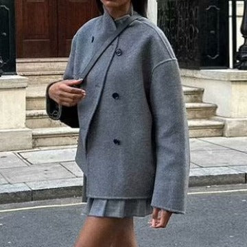 Damen Oversized Doppelreihiger Wollmantel mit Stehkragen Nord Taschen