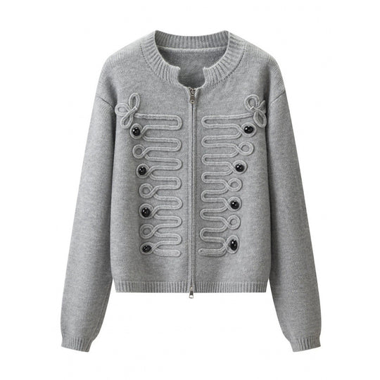 Damen Kurz geschnittene Strickjacke mit dekorativen Kordelapplikationen und Zwei-Wege‑Reißverschluss Nord Taschen