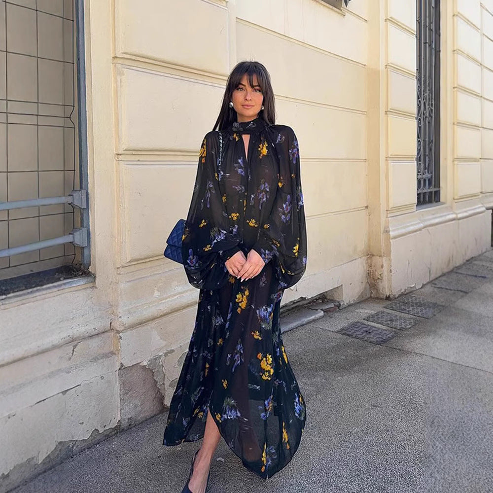 Damen Chiffon-Maxikleid mit Stehkragen, Keyhole-Ausschnitt & voluminösen Ballonärmeln Nord Taschen
