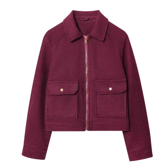 Damen 40+ kurze Woll‑Blousonjacke mit goldfarbenem Reißverschluss und aufgesetzten Pattentaschen Nord Taschen