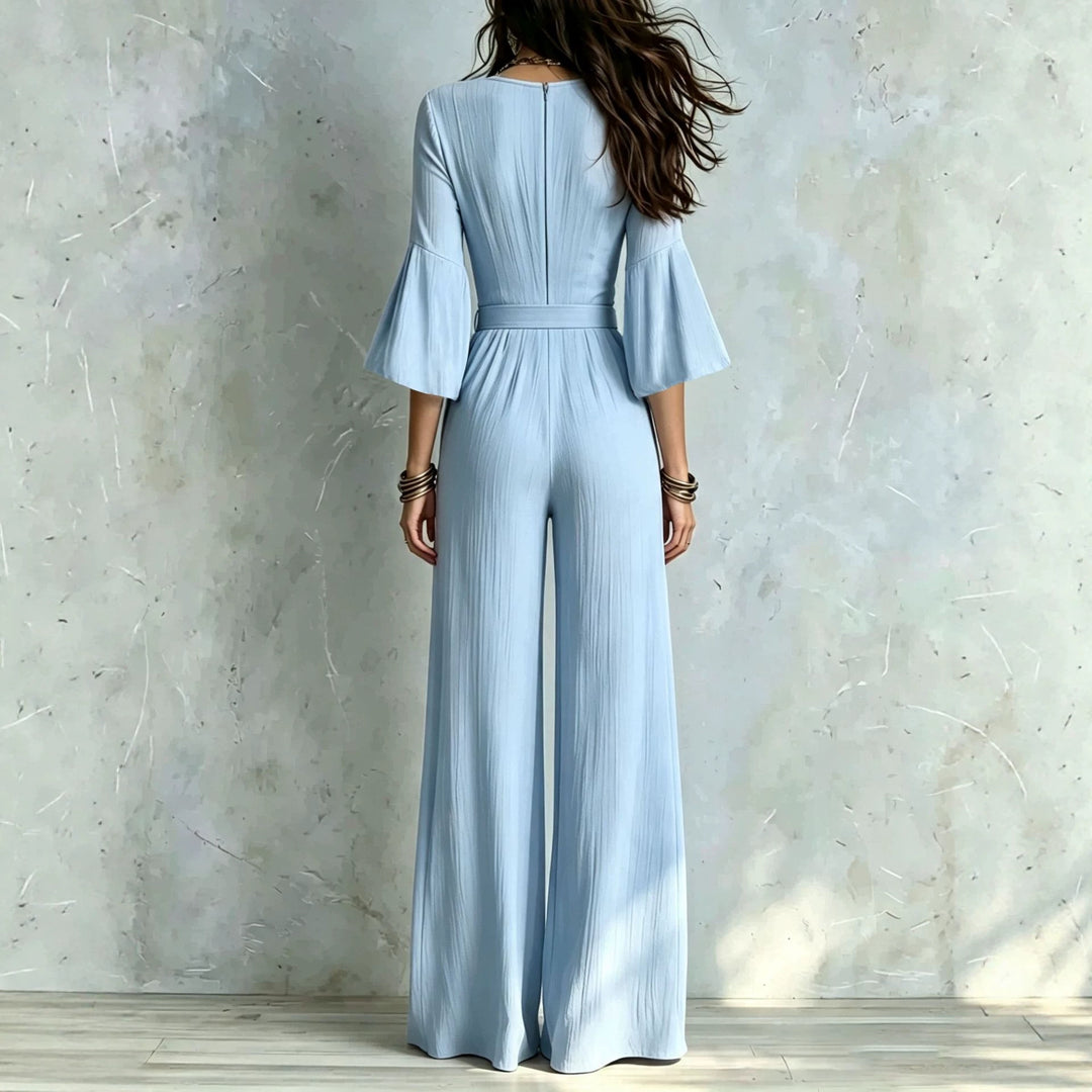 Damen Jumpsuit Wickel-Optik mit weitem Bein, Taillengürtel und Glockenärmeln Nord Taschen