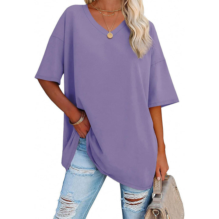 Damen Oversized T-Shirt mit V-Ausschnitt und seitlichen Schlitzen
