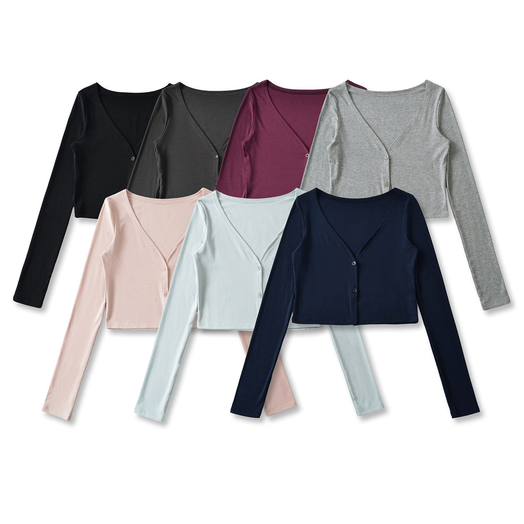 Damen Cropped Jersey-Cardigan mit tiefem V-Ausschnitt und schmaler Knopfleiste Nord Taschen