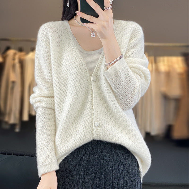 Damen Offener Ajour-Strickcardigan mit dezentem Flauschfinish und kastiger Oversize-Silhouette Nord Taschen