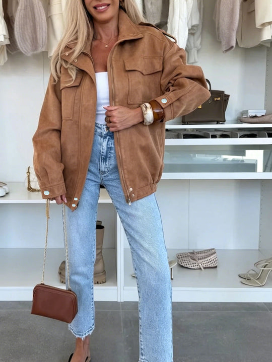 Damen Oversized Jacke in Wildleder-Optik mit Brusttaschen und Epauletten Nord Taschen