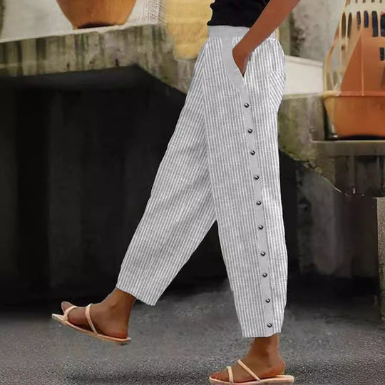 Damen Hochgeschnittene Freizeithose mit gerade geschnittenem Bein und praktischen Knöpfen