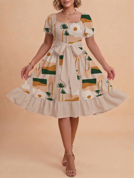 Damen Sommerliches Blumenkleid mit taillierbarem Gürtel und voluminösen Ärmeln