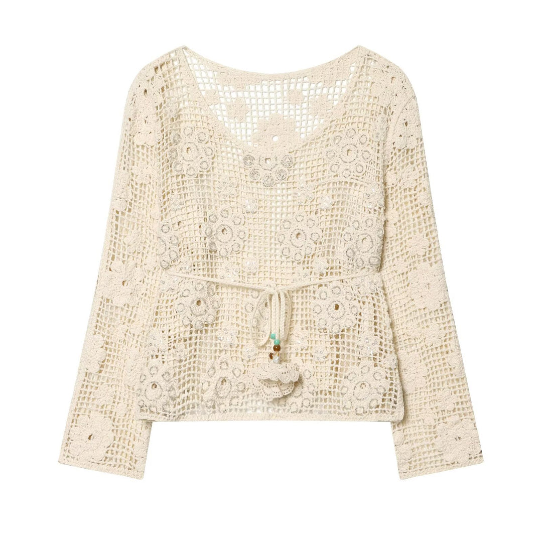 Damen Häkelbluse mit floralem Crochet‑Motiv, V‑Ausschnitt und Tunnelzug Nord Taschen