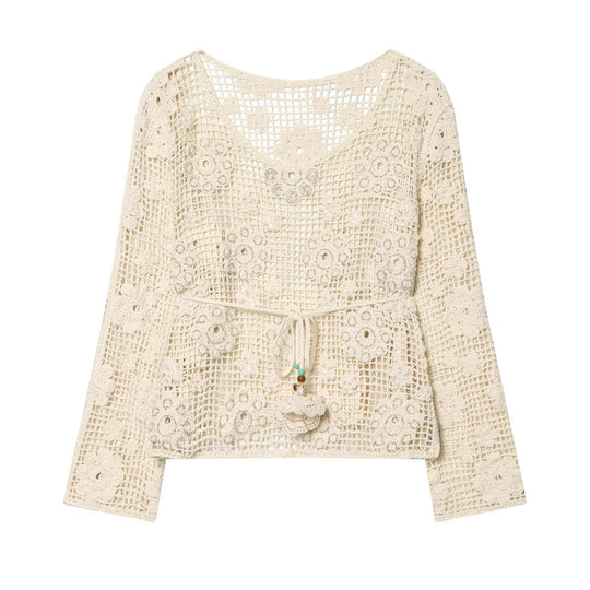 Damen Häkelbluse mit floralem Crochet‑Motiv, V‑Ausschnitt und Tunnelzug Nord Taschen