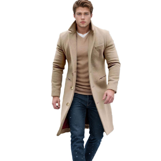 Herren Eleganter einreihiger Langmantel aus Wollmix mit schmaler Silhouette und Reverskragen Nord Taschen