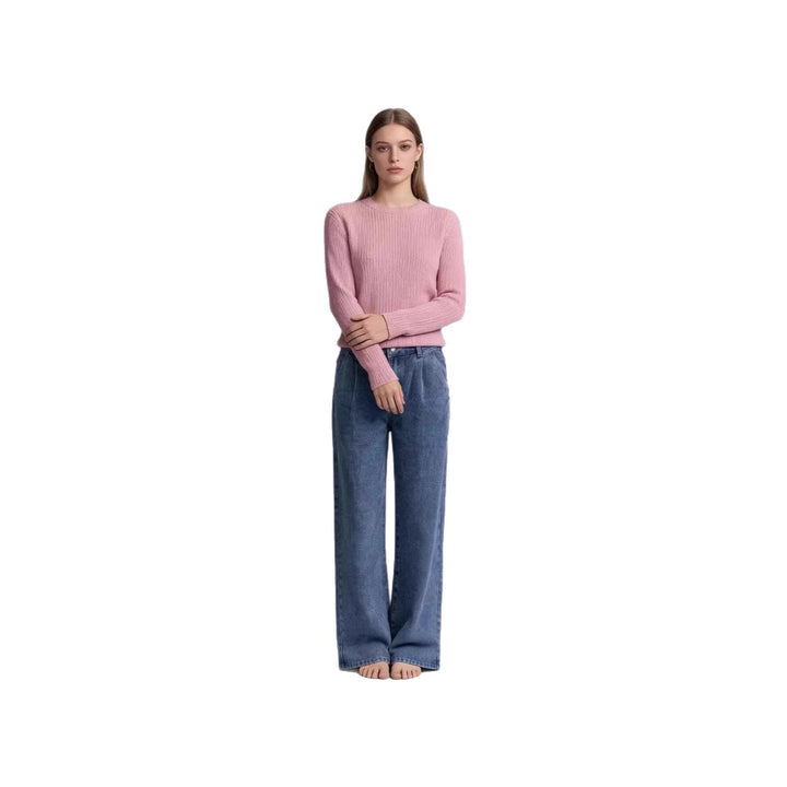 Damen hochgeschnittene Bundfalten-Weitbein-Jeans mit hohem Bund und Gürtelschlaufen Nord Taschen