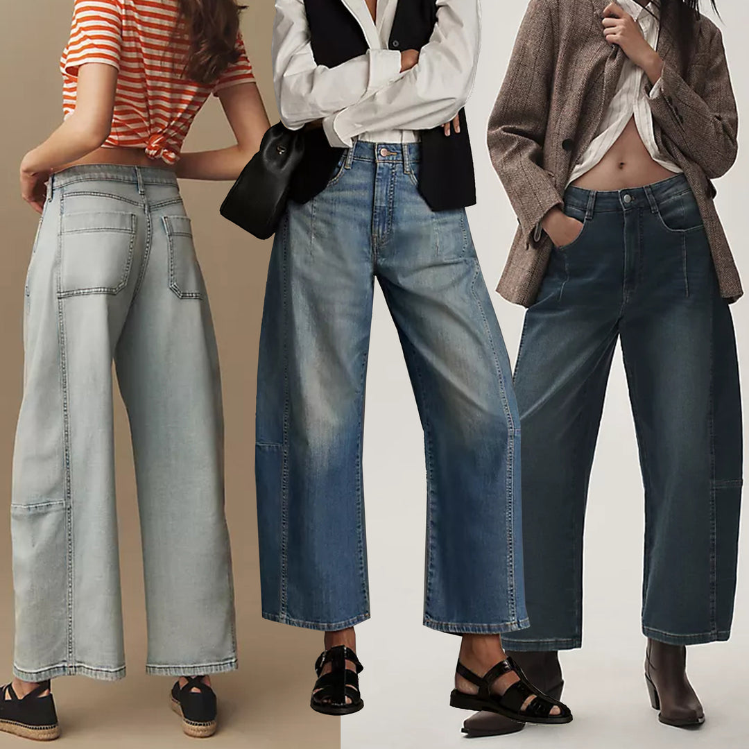 Damen hochgeschnittene weite Culotte-Jeans mit verkürzter Länge und dekorativen Nahtdetails Nord Taschen