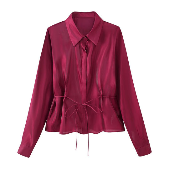 Damen Seidenähnliche Bluse mit Taillen-Zugband und verdeckter Knopfleiste Nord Taschen