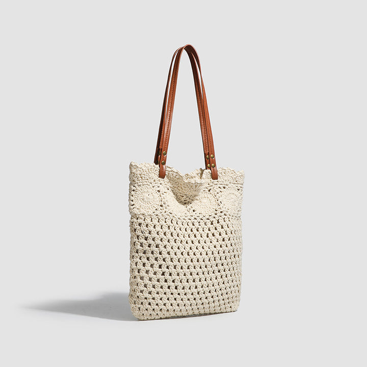 Damen Stricktasche mit elegantem Kunstledergriff und dekorativem Häkeldesign Nord Taschen