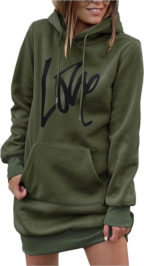 Damen Fleece-Kapuzenkleid mit Kängurutasche, Daumenlochärmeln und Oversize-Sweatshirt-Schnitt Nord Taschen