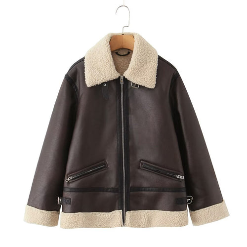 Damen Oversize-Fliegerjacke aus Kunstleder mit Teddykragen und Zipper-Taschen Nord Taschen