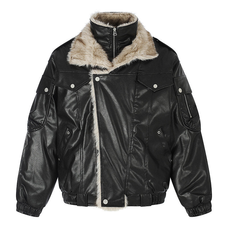 Damen Oversize Kunstleder-Fliegerjacke mit Teddyfutter und Stehkragen Nord Taschen