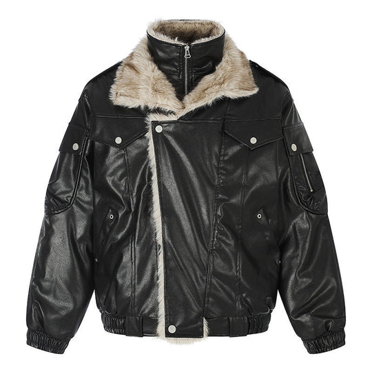 Damen Oversize Kunstleder-Fliegerjacke mit Teddyfutter und Stehkragen Nord Taschen