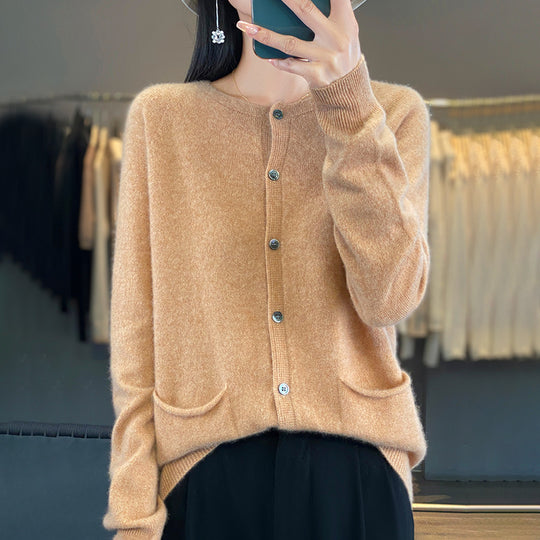 Damen Langer Feinstrick-Cardigan mit Rundhalsausschnitt, Eingrifftaschen und Alpaka-Mix Nord Taschen