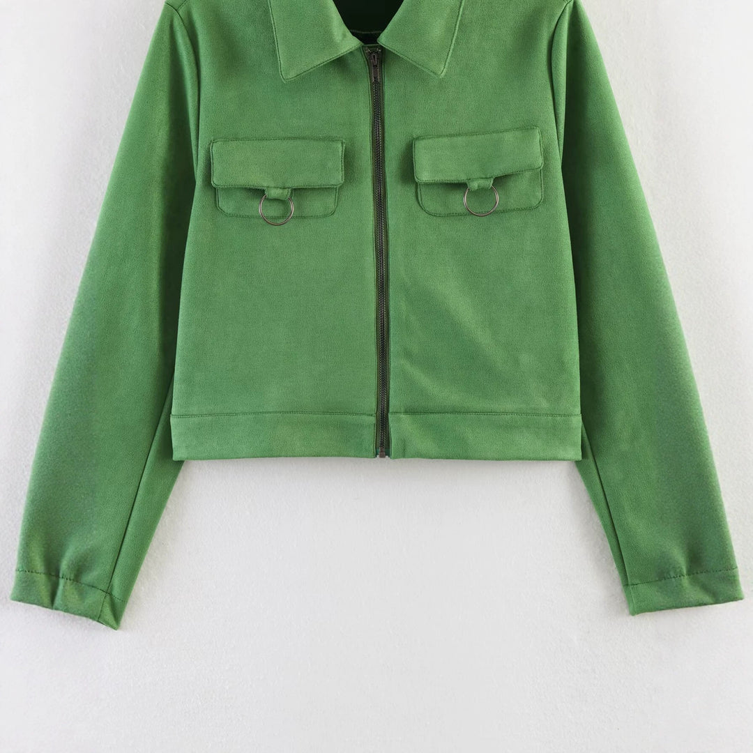 Damen Kurzjacke im Utility-Stil aus Veloursleder-Optik mit Brusttaschen und Metallringen Nord Taschen