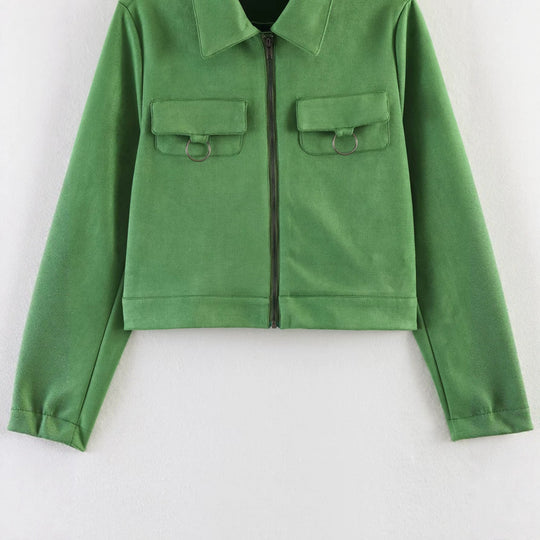 Damen Kurzjacke im Utility-Stil aus Veloursleder-Optik mit Brusttaschen und Metallringen Nord Taschen
