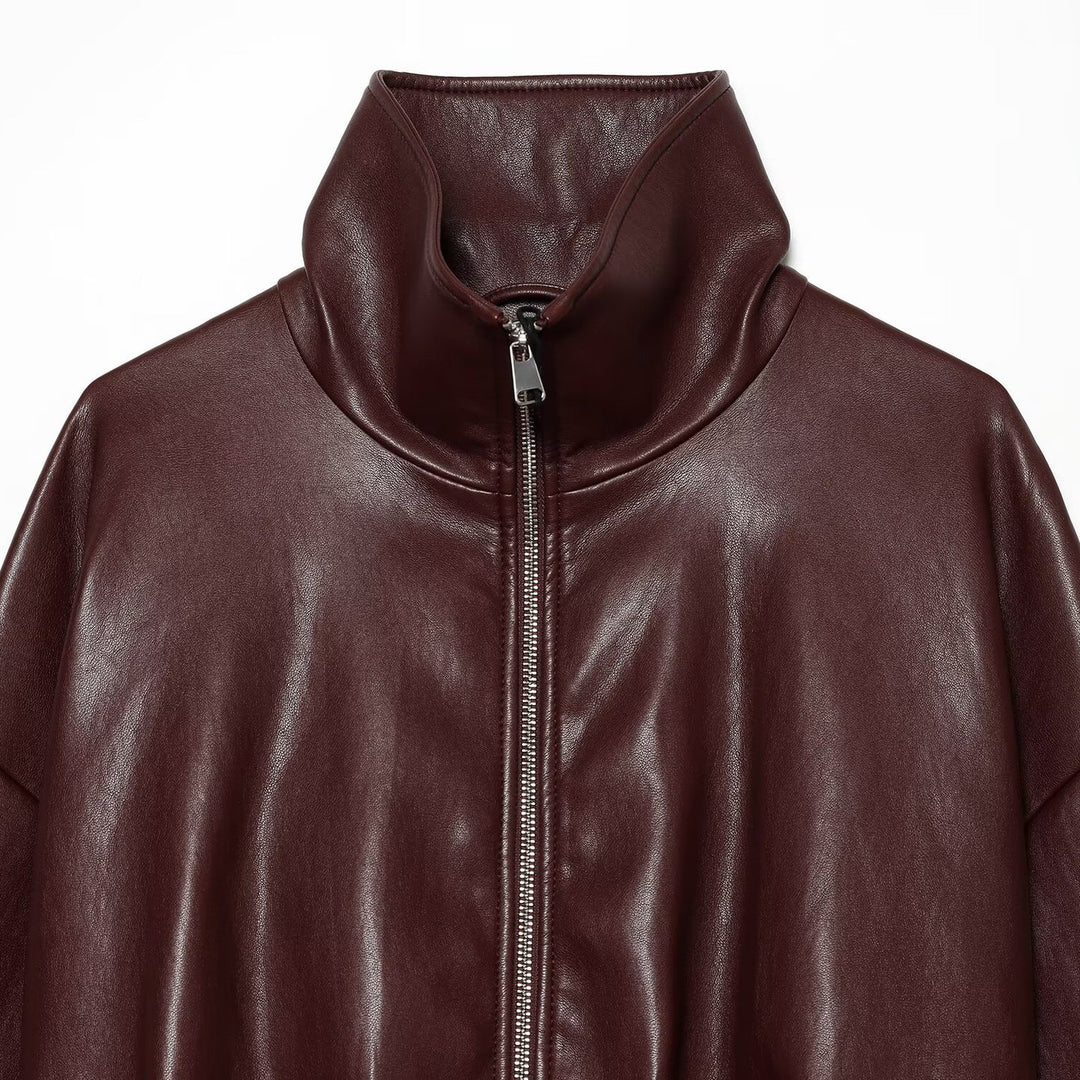 Damen Cropped Boxy-Bomberjacke in glänzender Lederoptik mit hohem Funnelkragen Nord Taschen