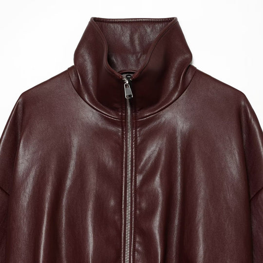 Damen Cropped Boxy-Bomberjacke in glänzender Lederoptik mit hohem Funnelkragen Nord Taschen