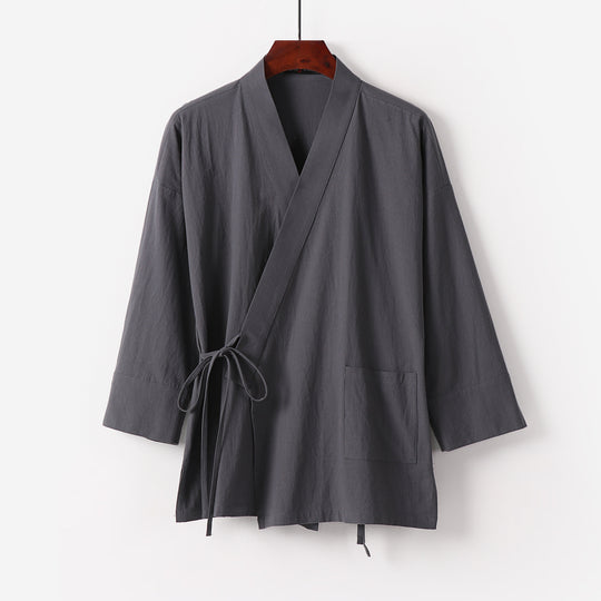 Damen Kimono-Cardigan aus Baumwoll-Leinen mit dreiviertelärmeln Bindegürtel und aufgesetzten Taschen Nord Taschen