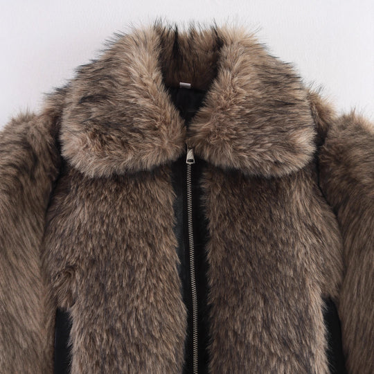 Damen Kurze Faux-Fur Bomberjacke mit Reißverschluss und Rippsaum Nord Taschen