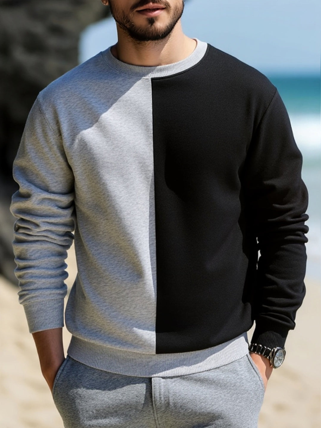 Herren Sweatshirt mit zweifarbiger Blockoptik, Rundhals & weichem Baumwoll‑Mix Nord Taschen