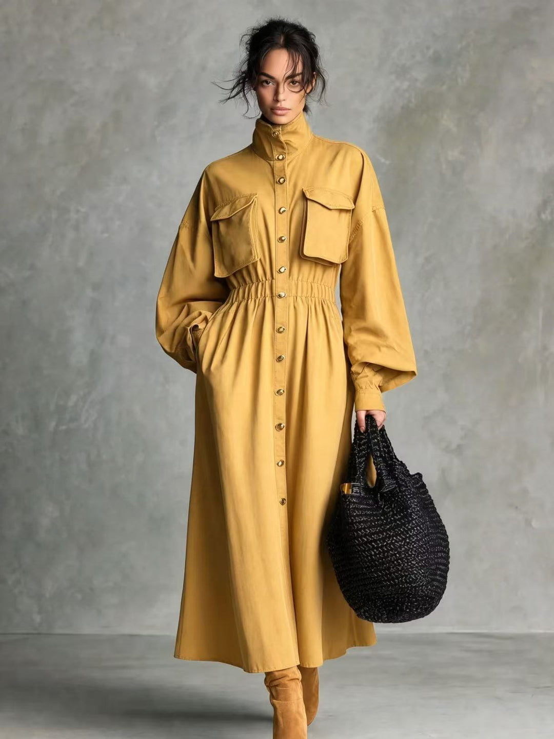 Damen Elegantes Hemdkleid mit Taschen und Taillengürtel Nord Taschen