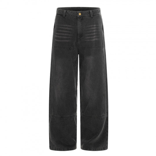 Damen hochgeschnittene Weitbein-Jeans im Utility-Look mit aufgesetzten Taschen Nord Taschen