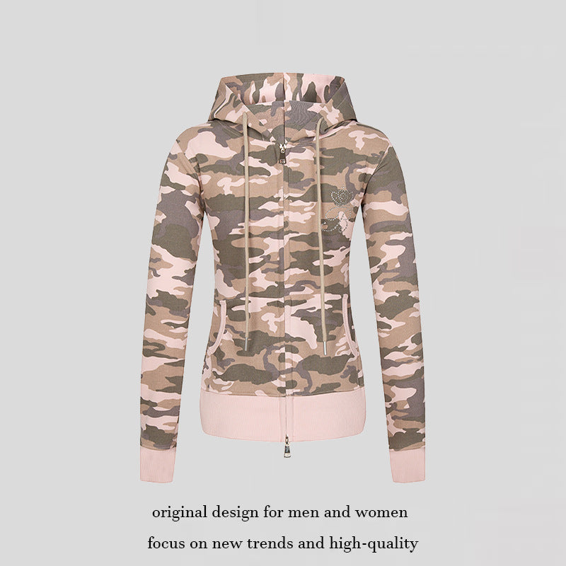 Damen Kapuzen-Sweatjacke mit zweiseitigem Reißverschluss, Camouflage-Print und Strass‑Schmetterling Nord Taschen