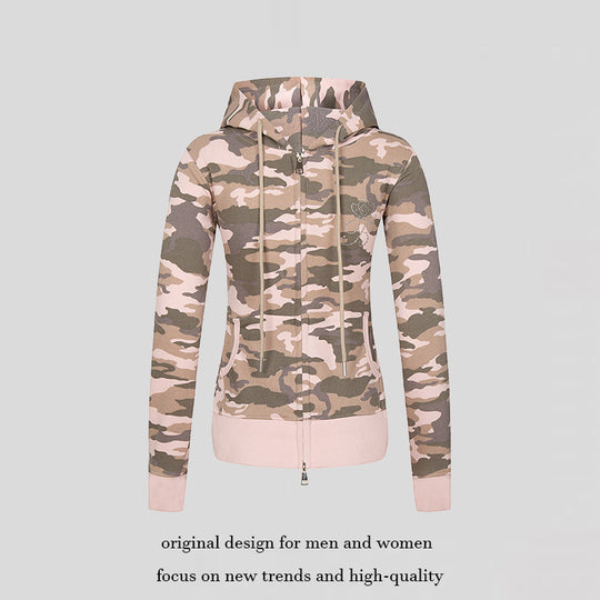 Damen Kapuzen-Sweatjacke mit zweiseitigem Reißverschluss, Camouflage-Print und Strass‑Schmetterling Nord Taschen