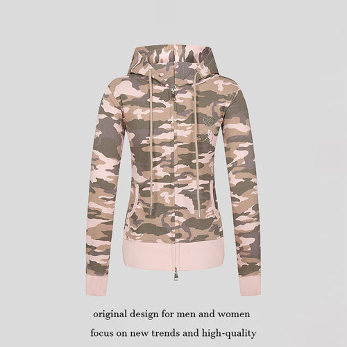 Damen Kapuzen-Sweatjacke mit zweiseitigem Reißverschluss, Camouflage-Print und Strass‑Schmetterling Nord Taschen