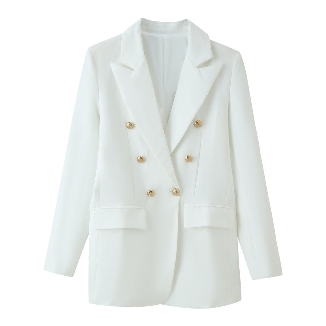 Damen Doppelreihiger Longline-Blazer mit Schalkragen und goldenen Zierknöpfen Nord Taschen